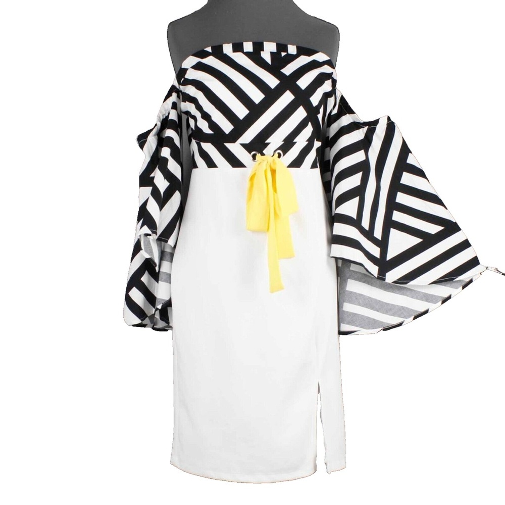 Black and White Off-Shoulder Dress with Yellow Accent